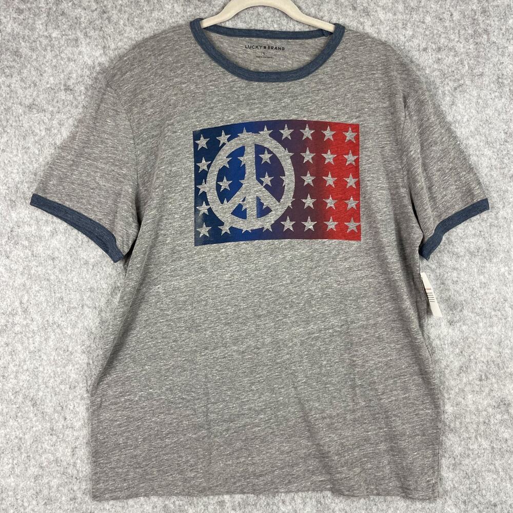 Lucky Brand Peace Flag T-Shirt Mens Large Gray RInger Tee Graphics‎ Star NEW